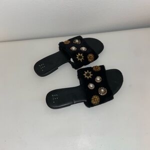 Black faux fur slides embellished sandals super cute slip ons goin out foot wear